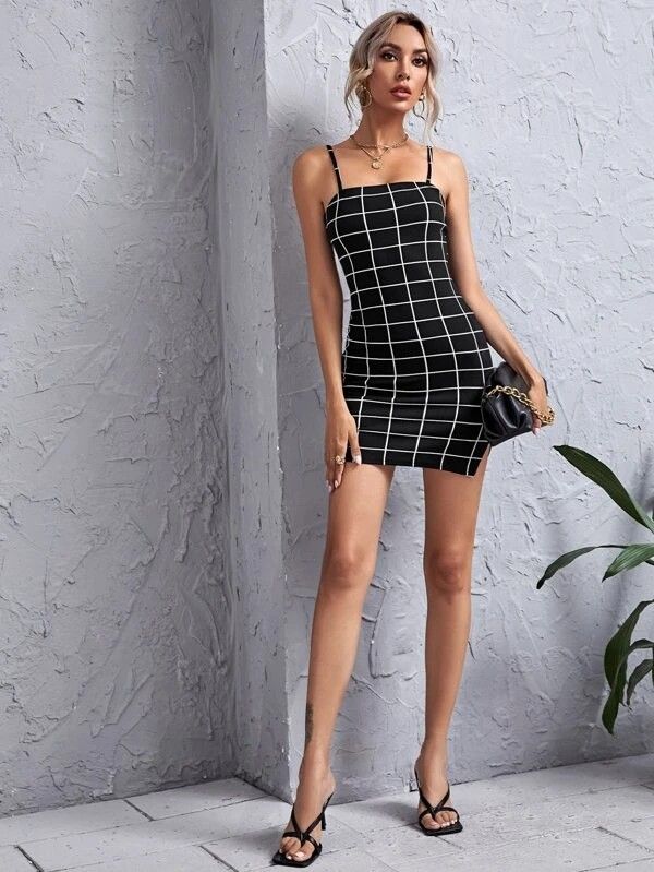 Plus Grid Lettuce Trim Bodycon Dress