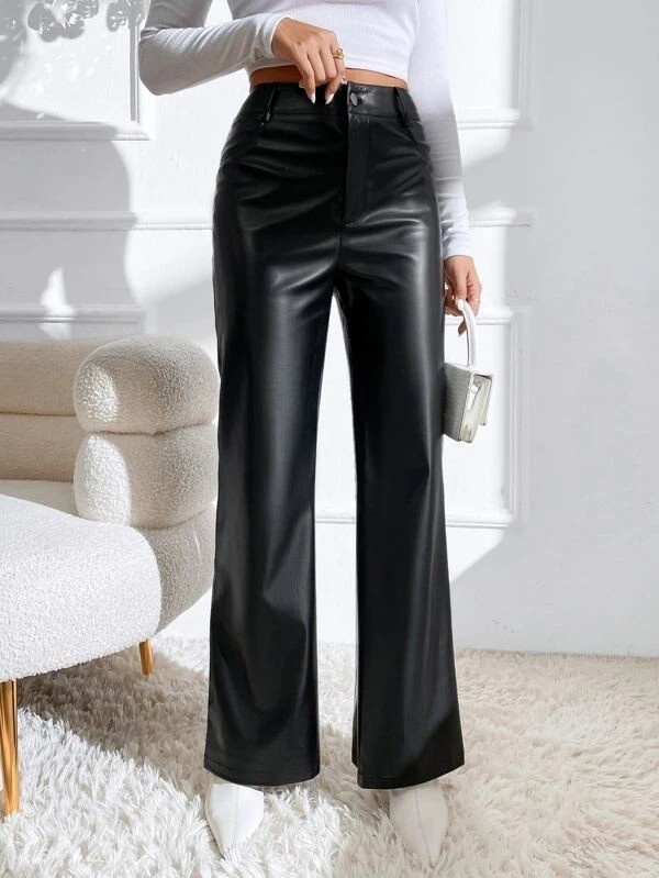 SHEIN Zipper Fly PU Flare Leg Pants