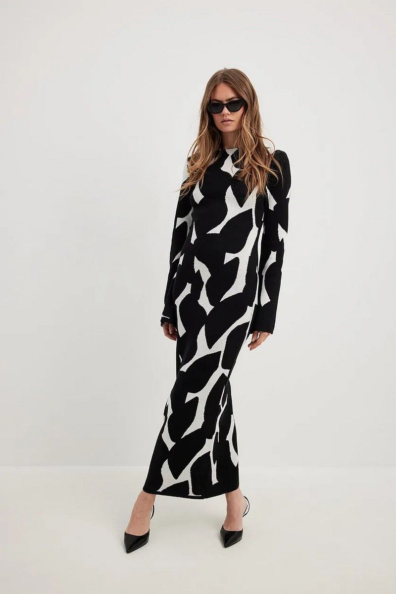 Monochrome Printed Maxi Bodycon Dress