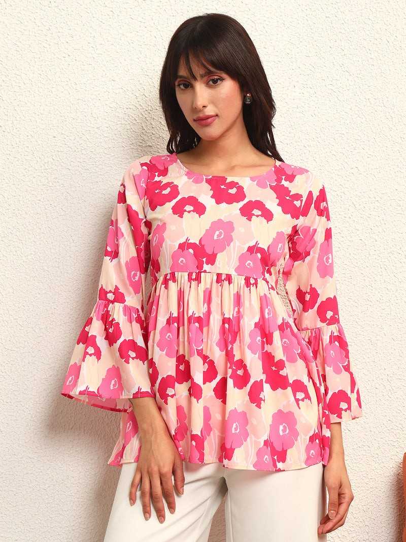 Women Floral Printed Bell Sleeve Peplum Top.