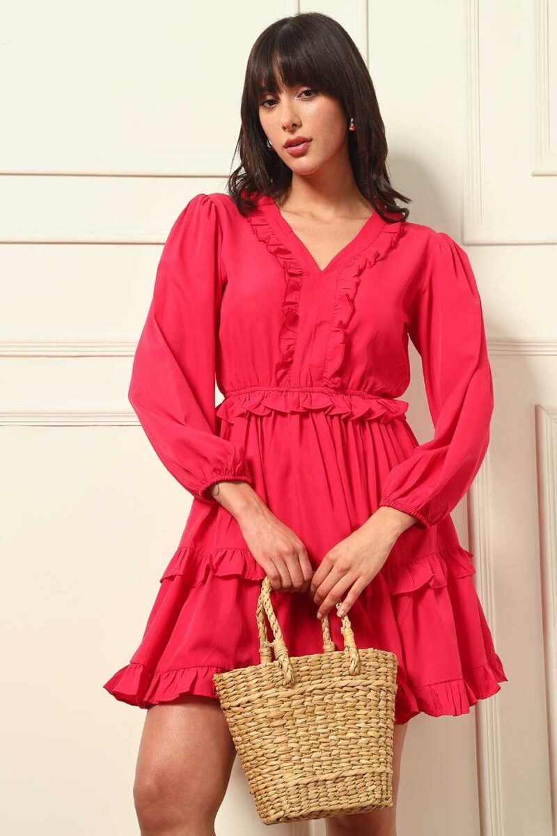 AMOSHI Red Solid/Plain Emmie Mini Dress with Belt