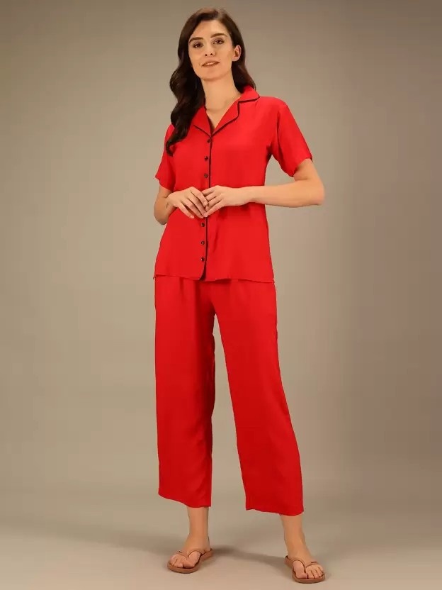 Women Solid Red Shirt & Pyjama set
