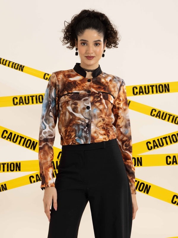 Women Brown Marble Printed Blazer