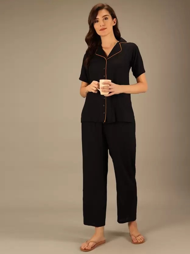 Women Solid Black Shirt & Pyjama set