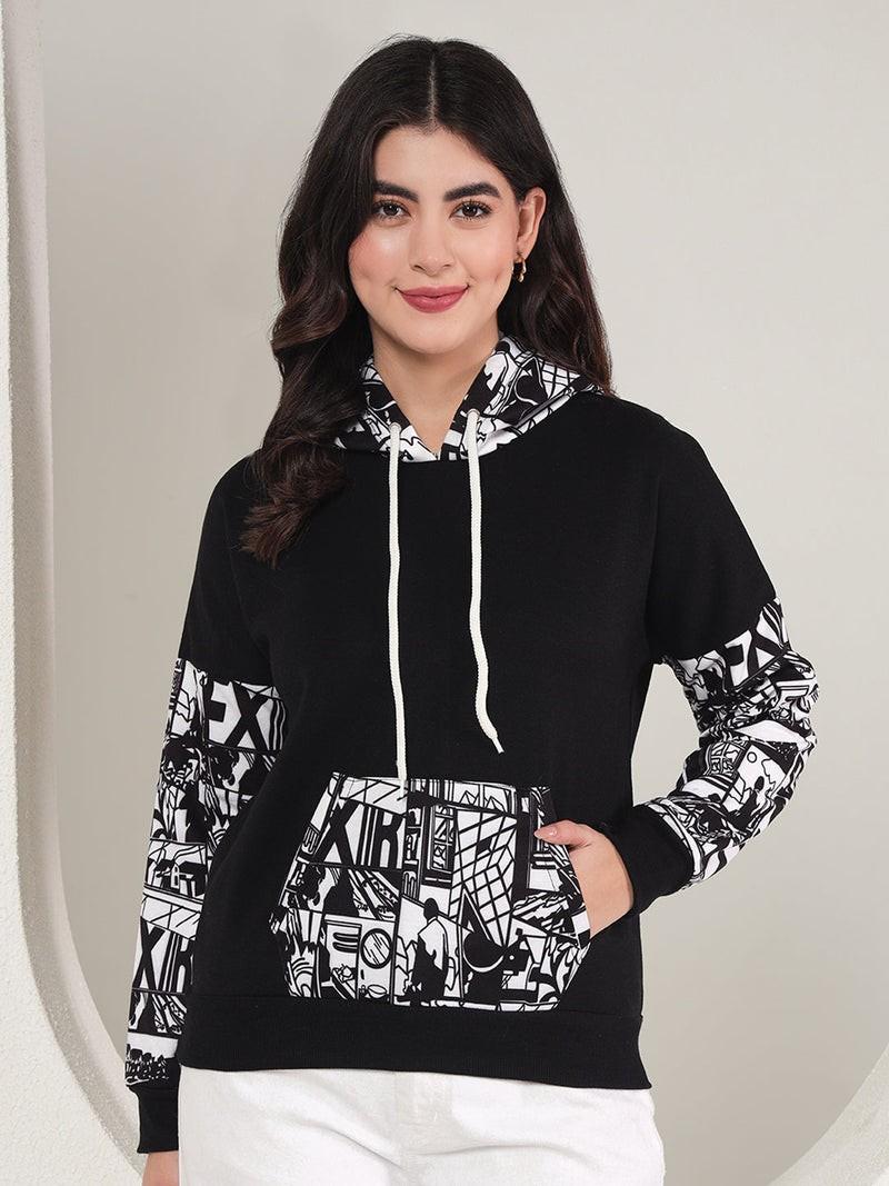Sleeve Printed Hooded Sweatshirt
