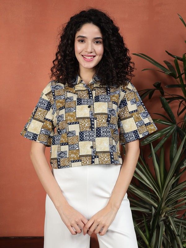 Ethnic Printed Cuban Collar Pure Cotton Casual Crop Shirt